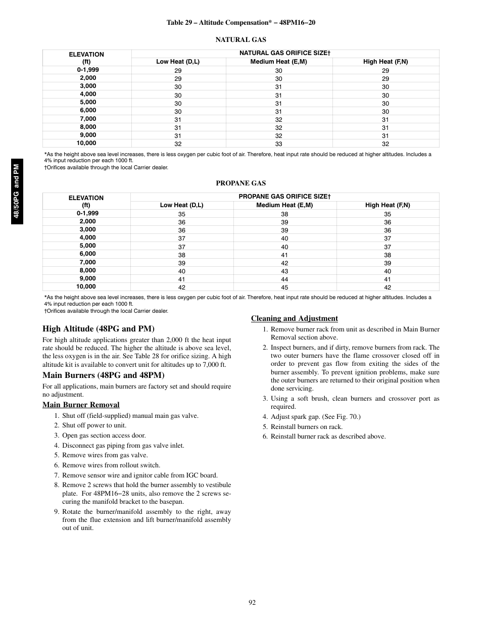 High altitude (48pg and pm), Main burners (48pg and 48pm) | Carrier 48/50PM C16-28 User Manual | Page 92 / 188