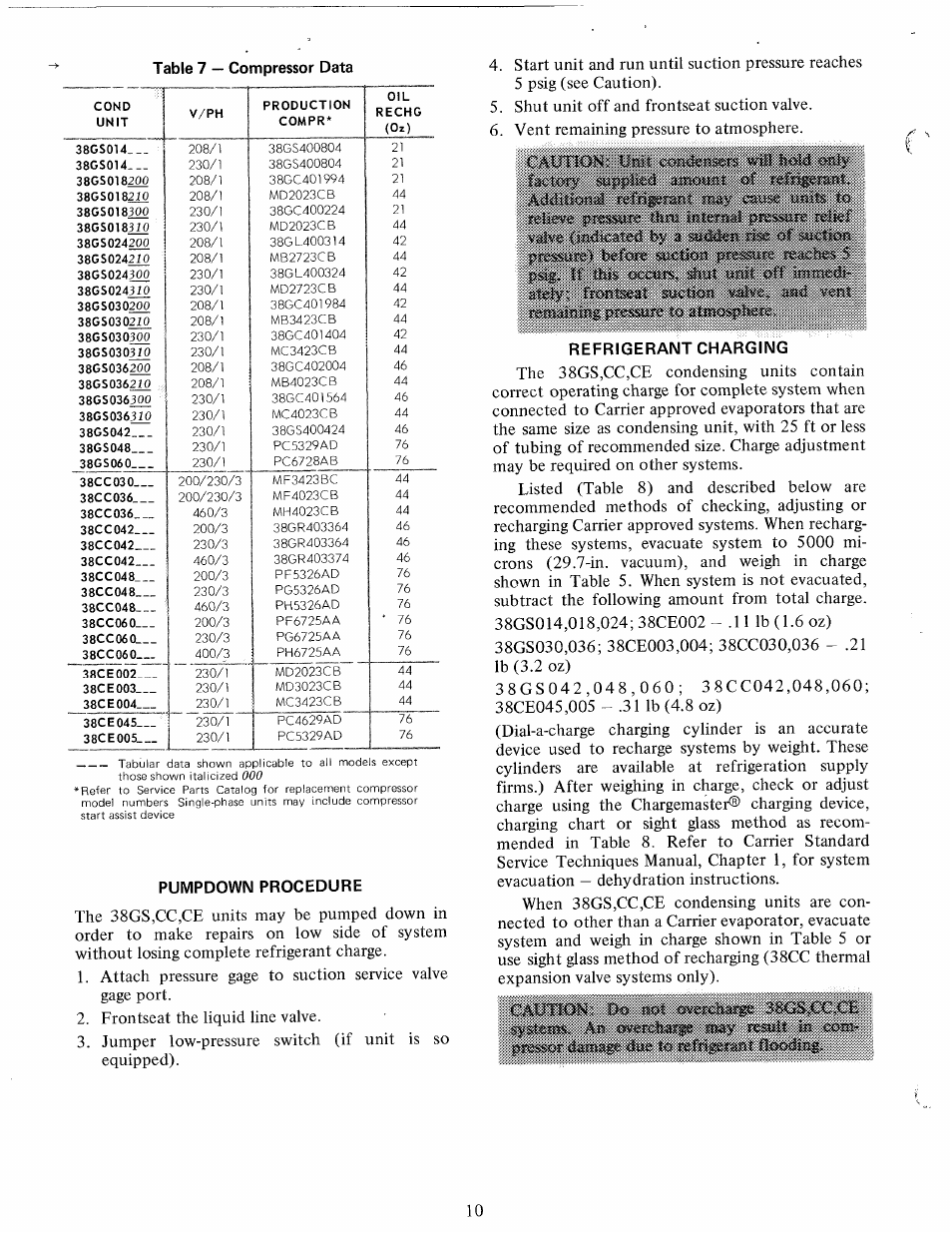 Pumpdown procedure, Refrigerant charging | Carrier 38GS User Manual | Page 10 / 16