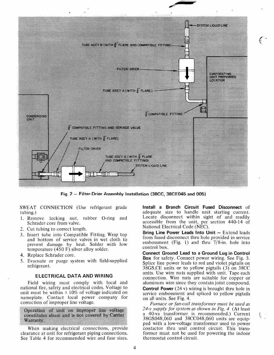 Electrical data and wiring, Of ifolt ois tmpro|>er ime, Install a branch circuit fused disconnect of | Carrier 38GS User Manual | Page 4 / 16