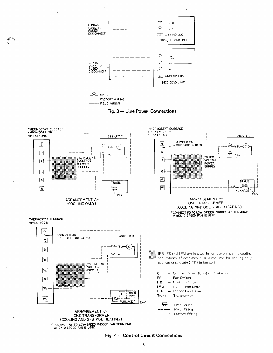 Fig. 4 -- control circuit connections, Fig. 3 — line power connections | Carrier 38GS User Manual | Page 5 / 16