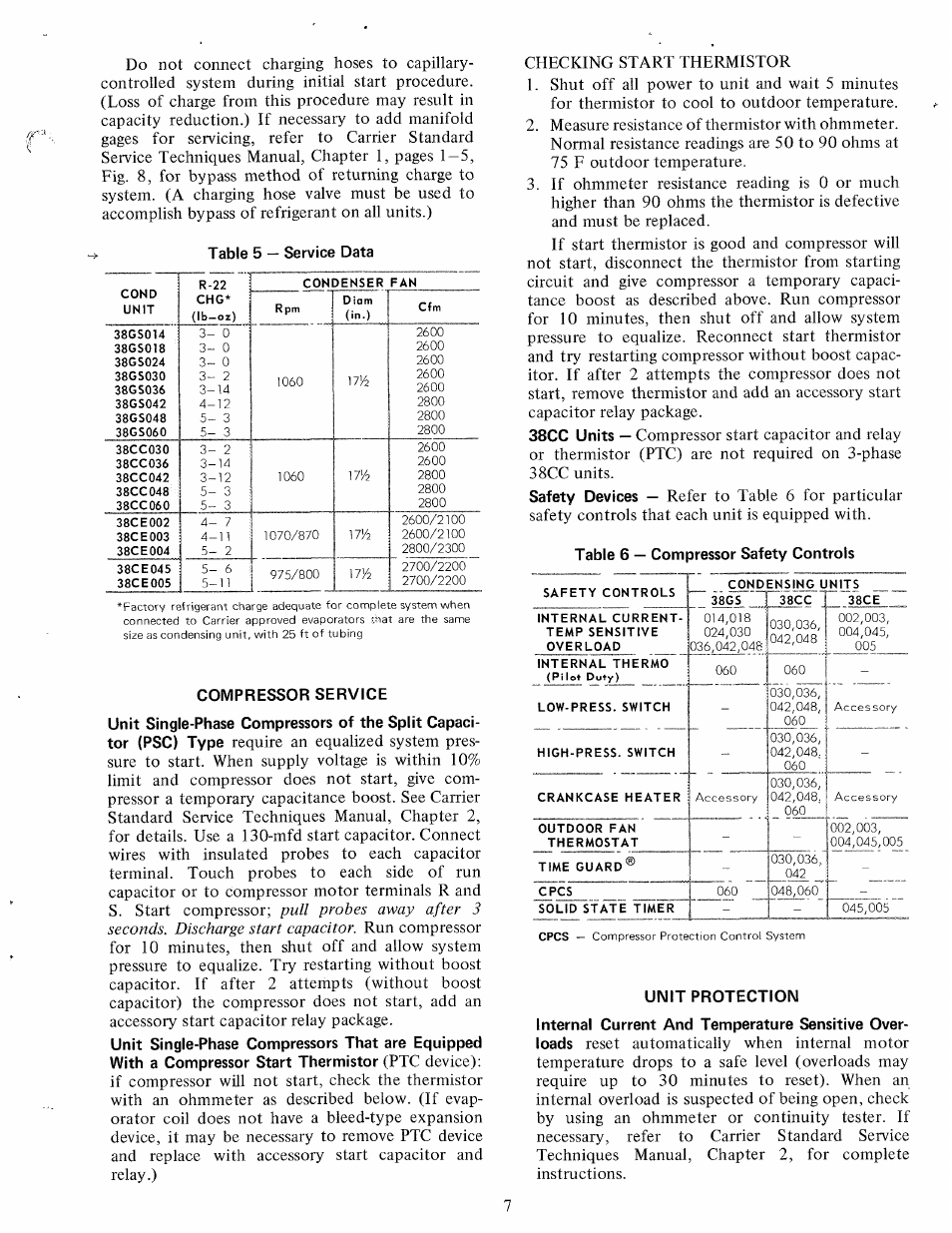 Compressor service, Unit protection | Carrier 38GS User Manual | Page 7 / 16