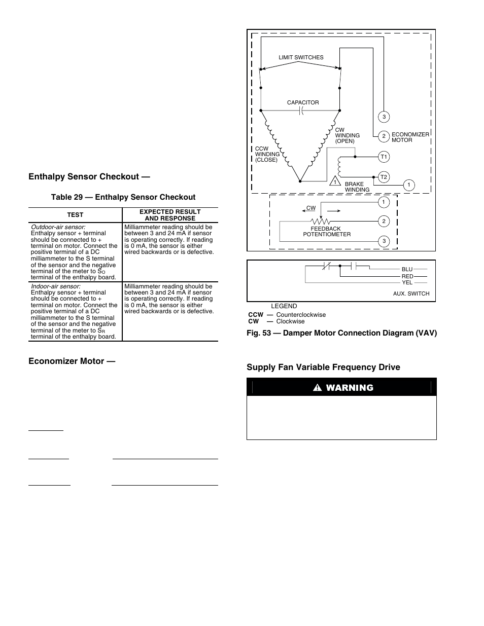 Enthalpy sensor checkout, Economizer motor, Supply fan variable frequency drive | Carrier PC 111 User Manual | Page 52 / 64