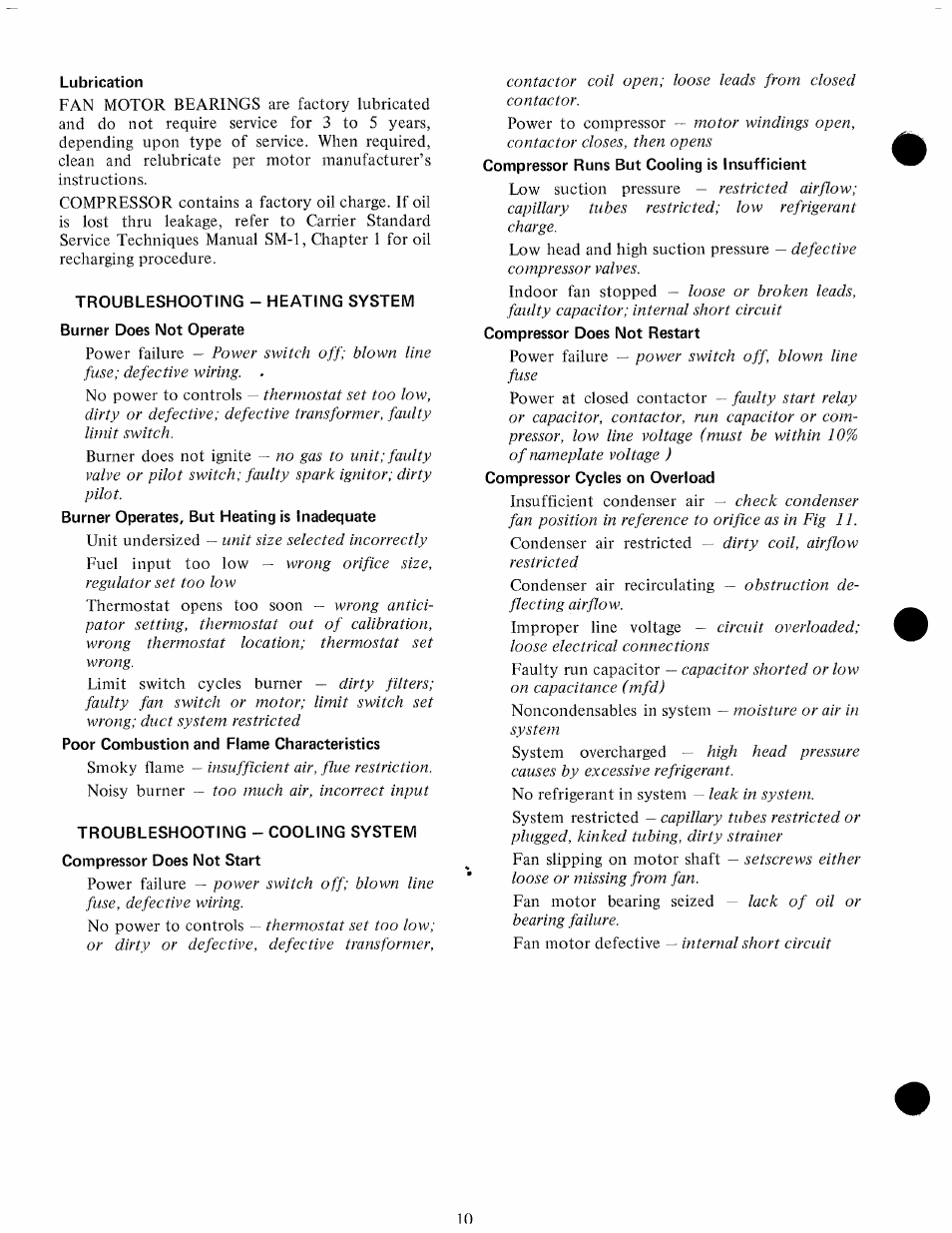 Lubrication, Troubleshooting - heating system, Troubleshooting - cooling system | Carrier 48EL User Manual | Page 10 / 11