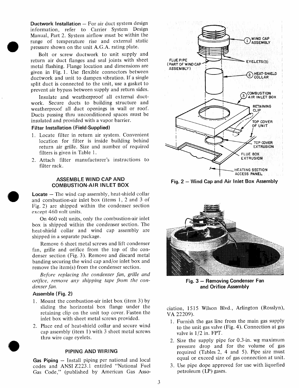 Filter installation (field-supplied), Assemble wind cap and combustion-air inlet box, Assemble (fig. 2) | Piping and wiring | Carrier 48EL User Manual | Page 3 / 11