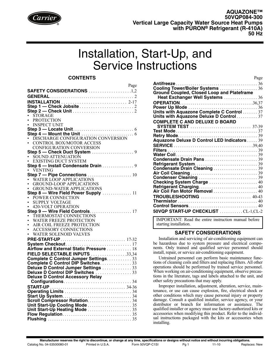 Carrier AQUAZONE 50VQP084-300 User Manual | 48 pages