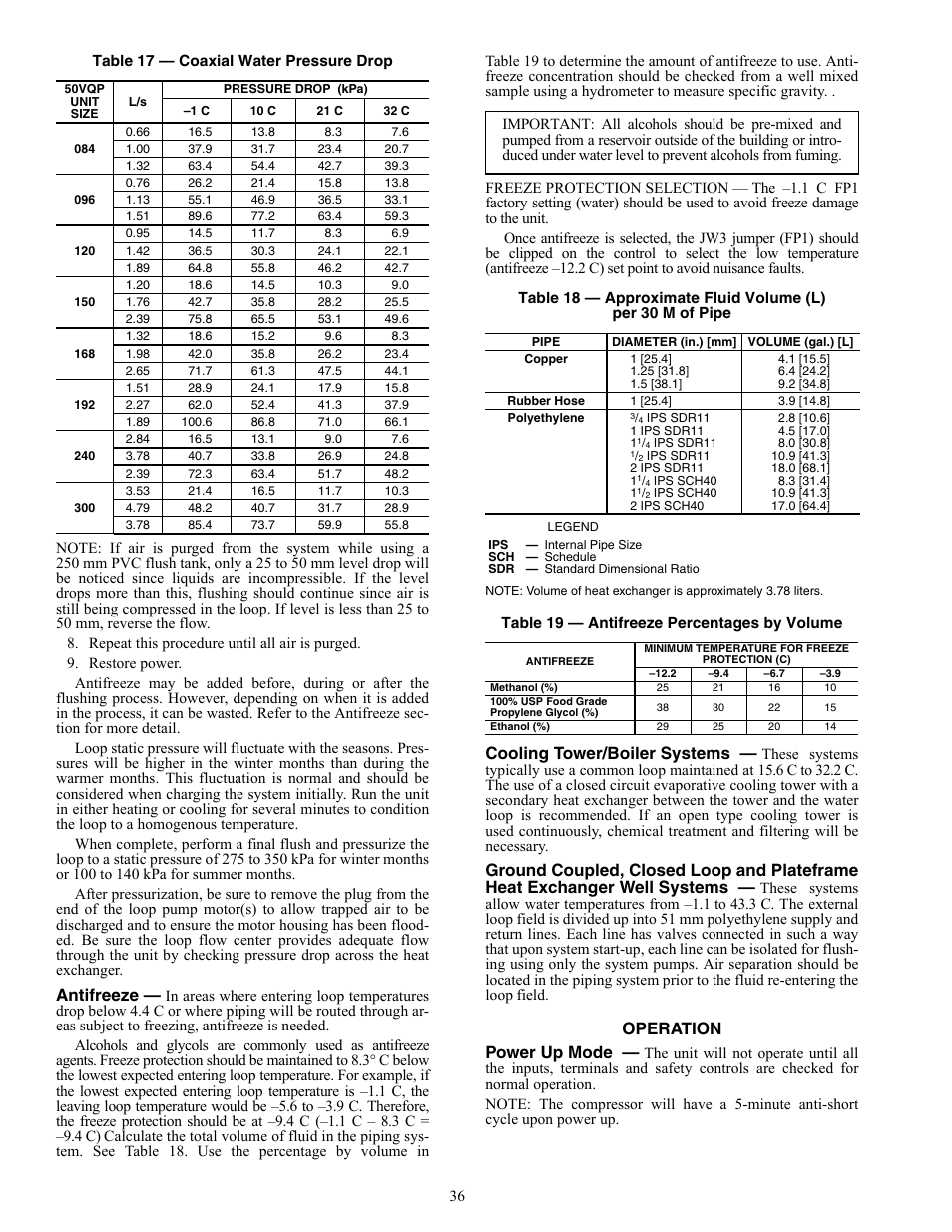 Antifreeze, Cooling tower/boiler systems, Operation power up mode | Carrier AQUAZONE 50VQP084-300 User Manual | Page 36 / 48