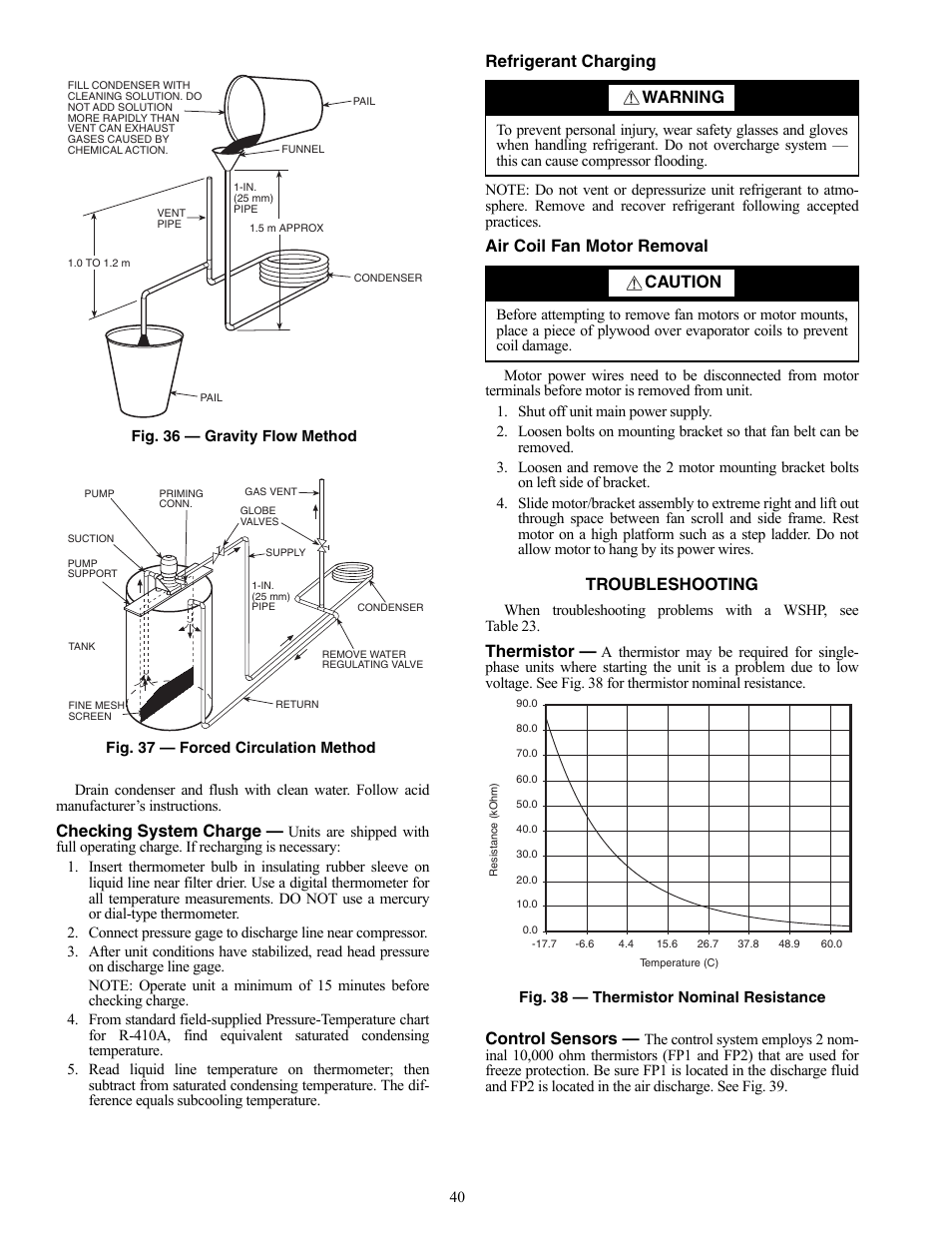 Checking system charge, Refrigerant charging, Air coil fan motor removal | Troubleshooting, Thermistor, Control sensors, Warning, Caution | Carrier AQUAZONE 50VQP084-300 User Manual | Page 40 / 48