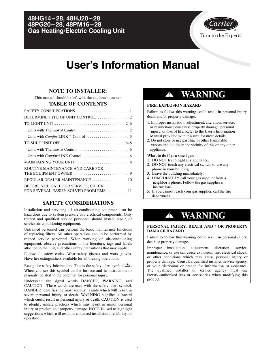 Carrier 48PG20---28 User Manual | 11 pages