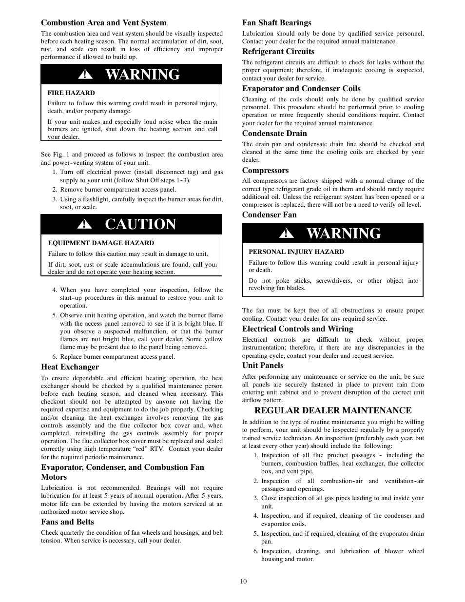 Warning, Caution, Regular dealer maintenance | Carrier 48PG20---28 User Manual | Page 10 / 11