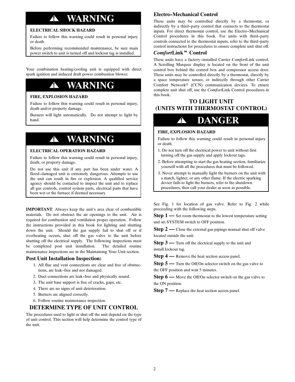 Warning, Danger | Carrier 48PG20---28 User Manual | Page 2 / 11