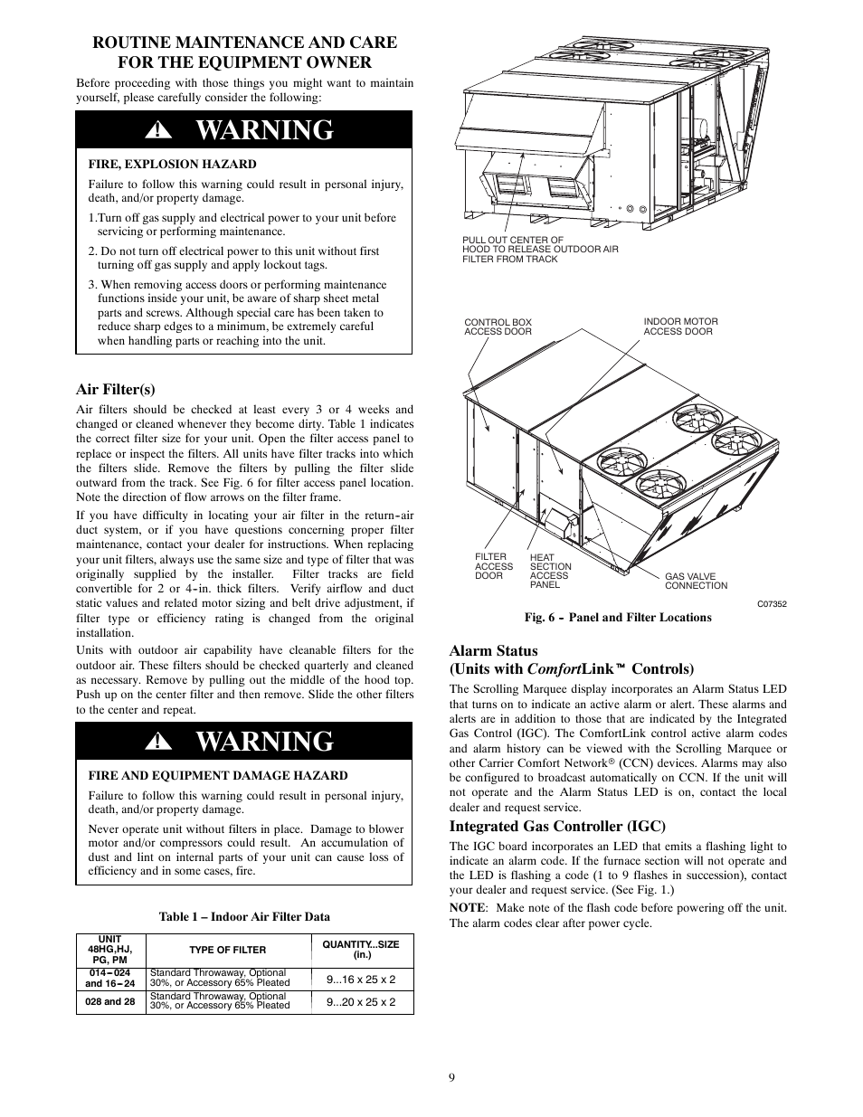 Warning, Air filter(s), Alarm status (units with comfort link t controls) | Integrated gas controller (igc) | Carrier 48PG20---28 User Manual | Page 9 / 11