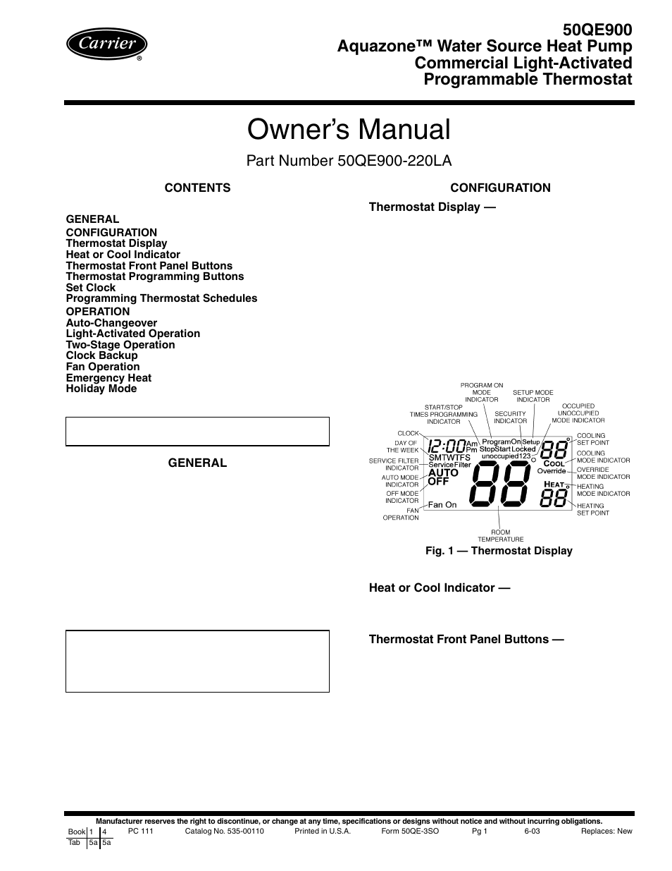 Carrier AQUAZONE 50QE900 User Manual | 7 pages