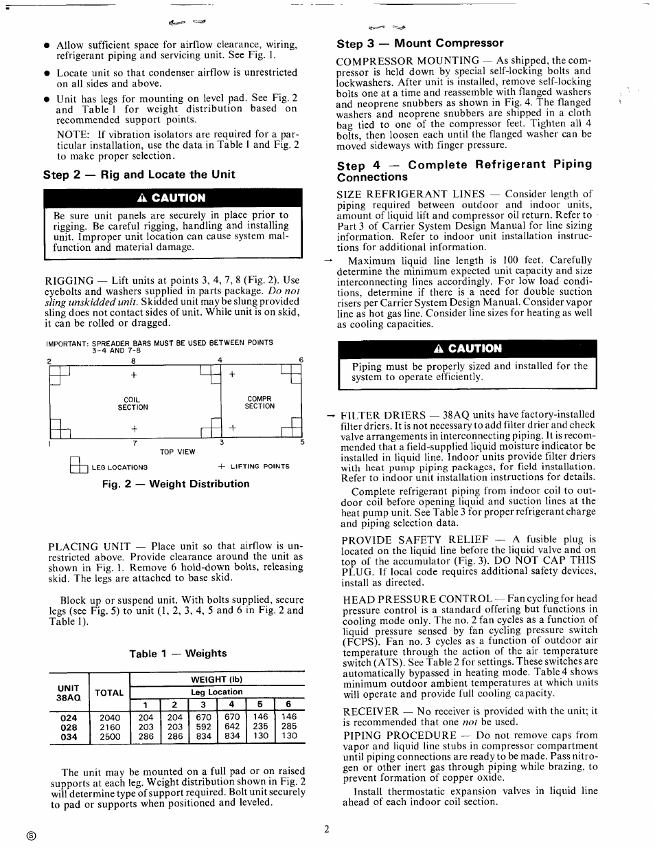 Step 2 — rig and locate the unit, A caution, Step 3 — mount compressor | Step 4 — complete connections, Caution | Carrier 38AQ034 User Manual | Page 2 / 14