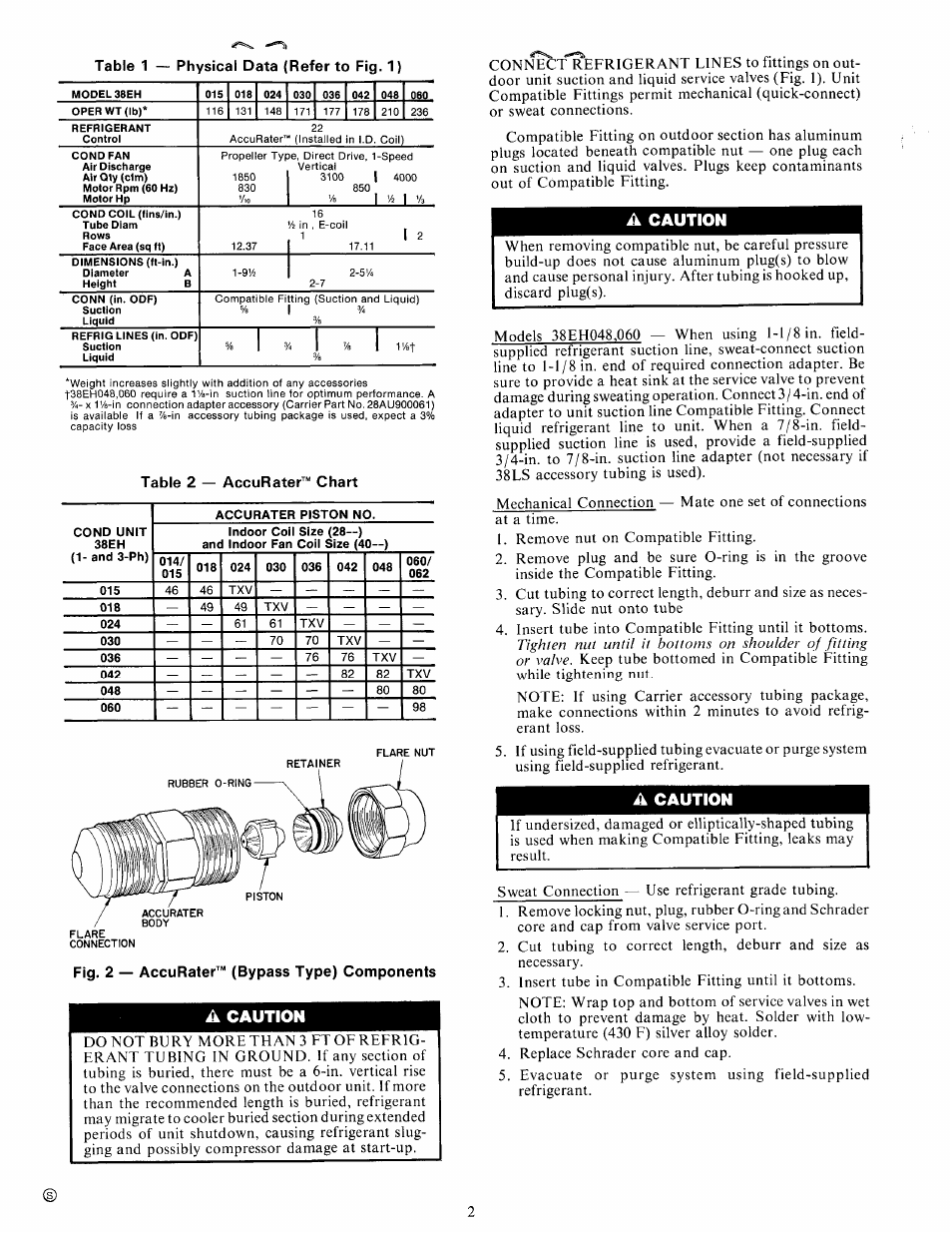 Table 2 — accurater™ chart, A caution, Caution | Table 1 physical data (refer to fig. 1), Fig. 2 — accurater™ (bypass type) components | Carrier 38EH User Manual | Page 2 / 6