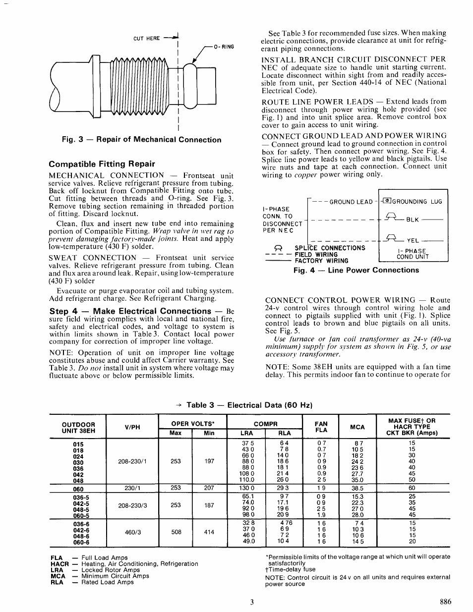 Fig. 3 — repair of mechanical connection, Compatible fitting repair, Step 4 — make electrical connections — be | Fig. 4 — line power connections, Step 4 — make electrical connections, Table 3 electrical data (60 hz) | Carrier 38EH User Manual | Page 3 / 6