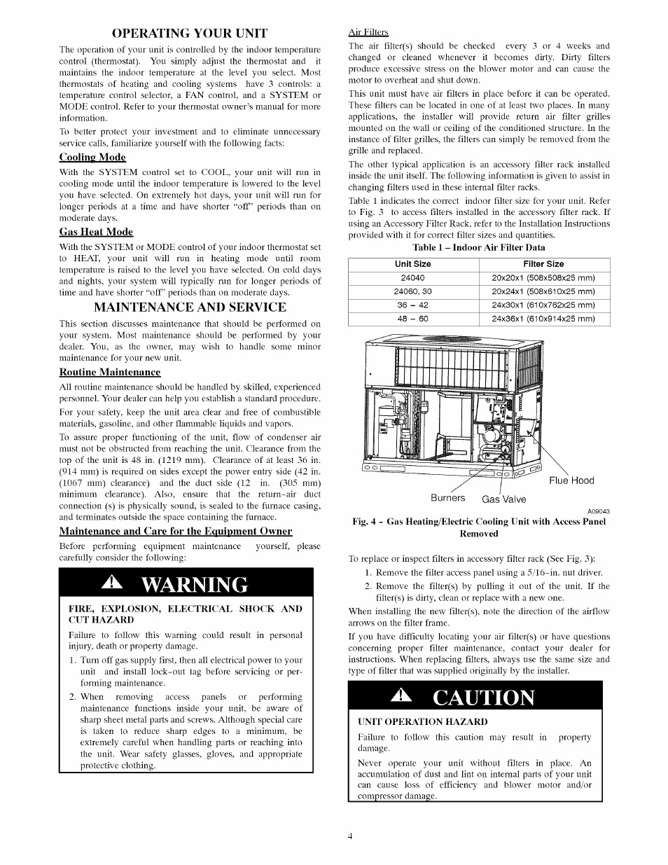 A warning, A. caution, Operating your unit | Maintenance and service | Carrier 48VL-A User Manual | Page 4 / 8