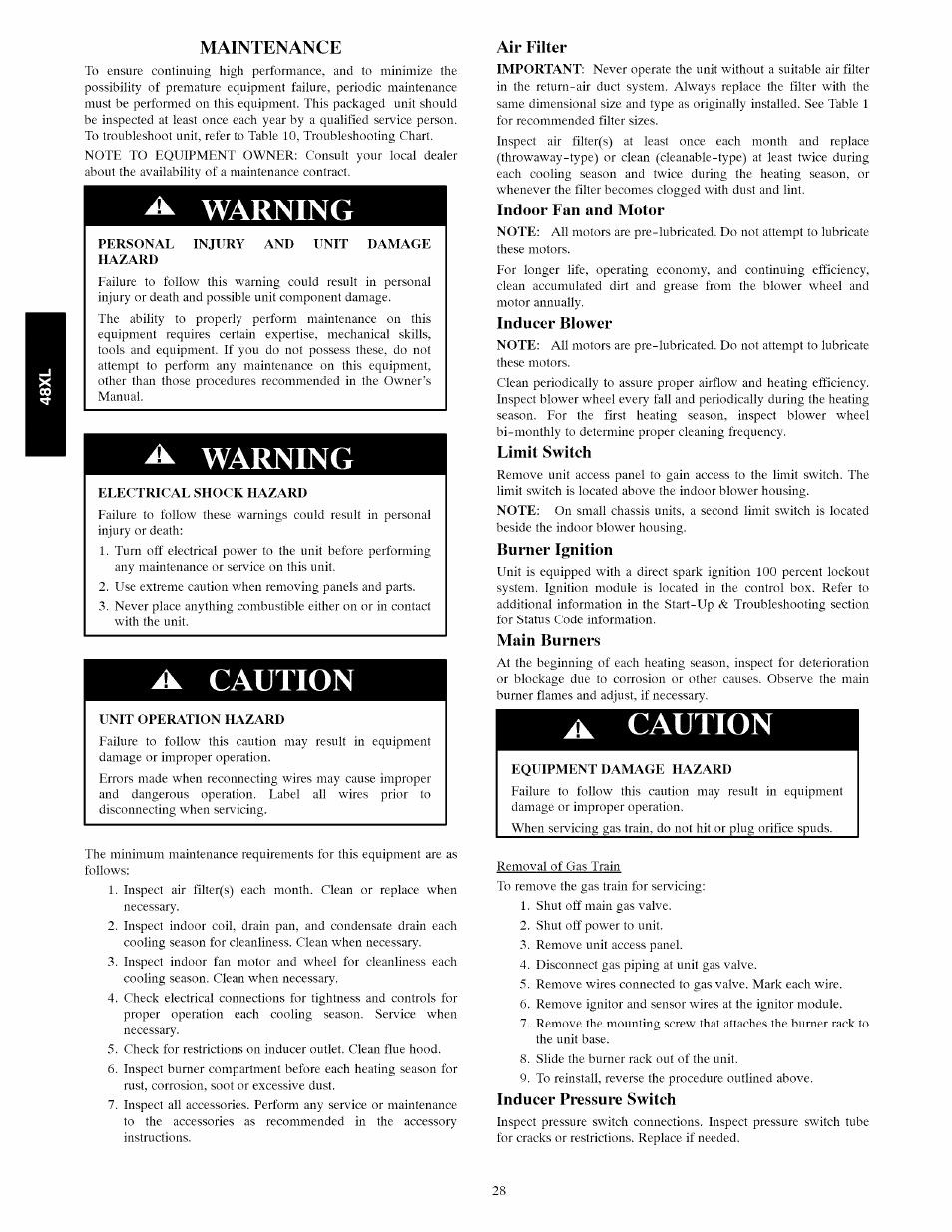 A. warning, Warning, A caution | Carrier 48XL User Manual | Page 28 / 36