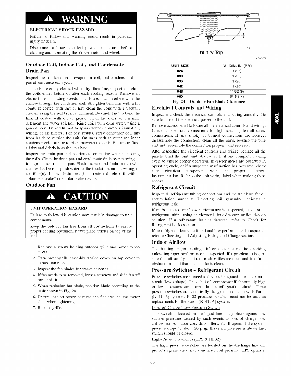 Warning, A caution, Outdoor fan | Electrical controls and wiring, Refrigerant circuit, Indoor airflow, Pressure switches - refrigerant circuit | Carrier 48XL User Manual | Page 29 / 36