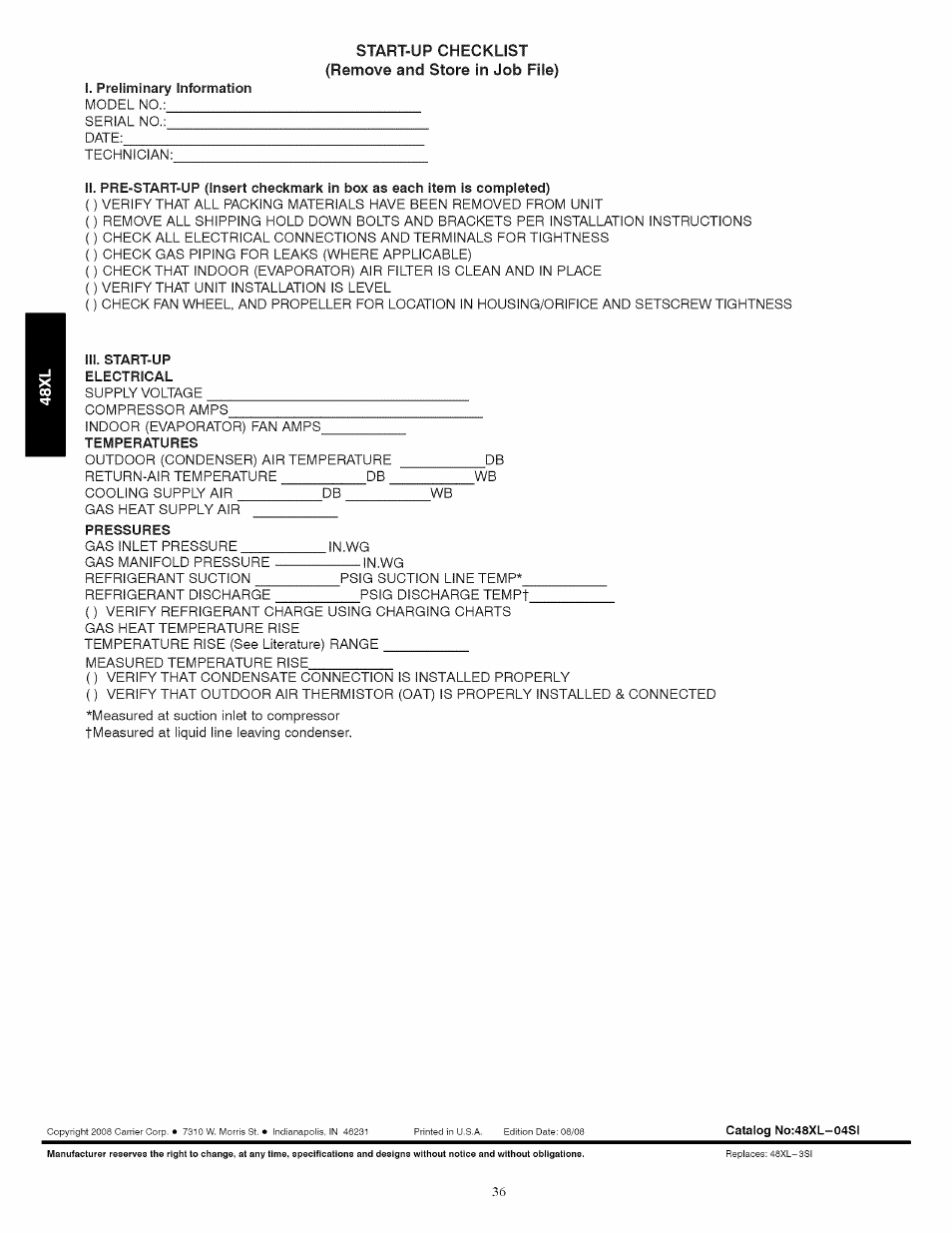 Start-up checklist (remove and store in job file) | Carrier 48XL User Manual | Page 36 / 36