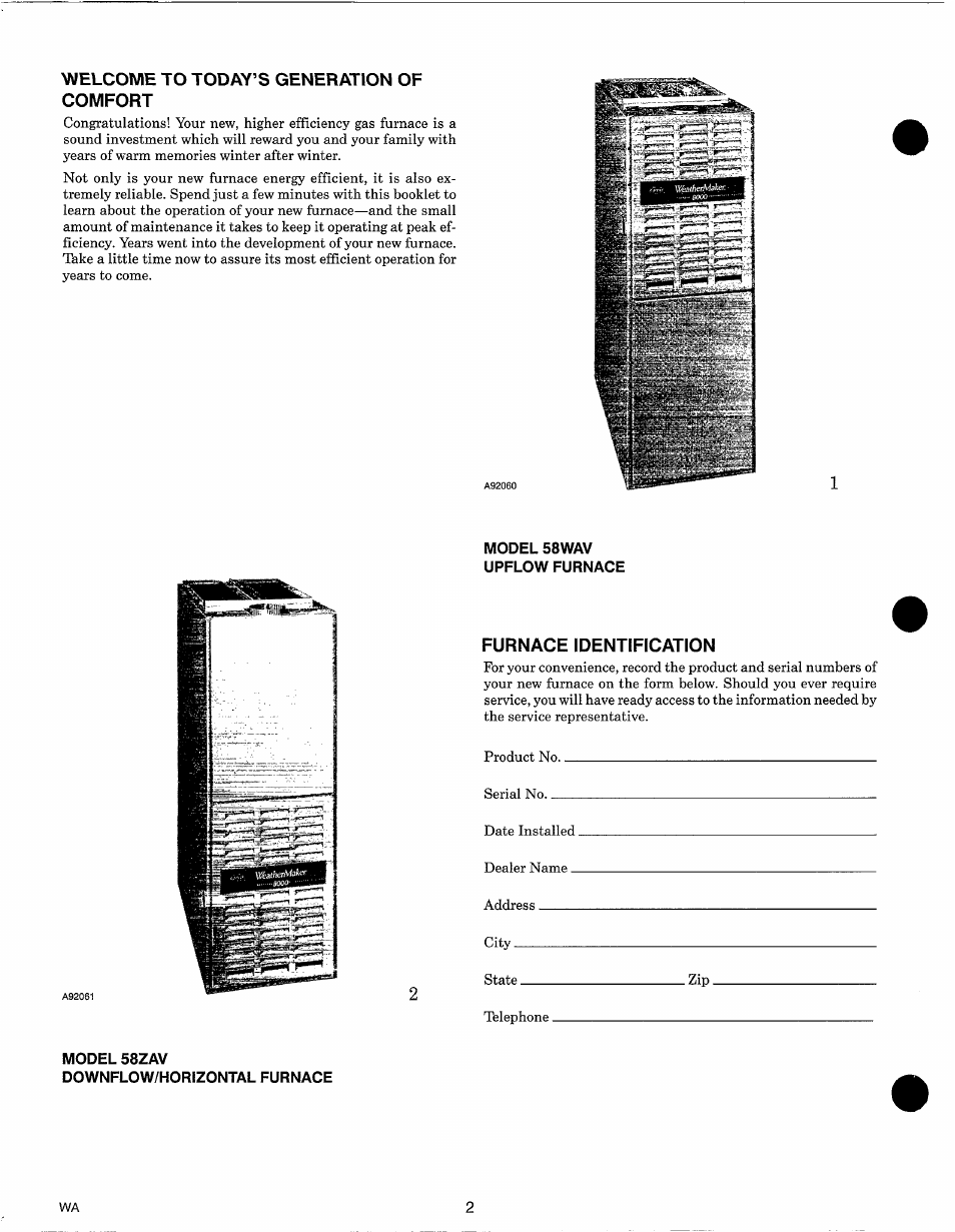 Vtfelcowie to today’s generation of comfort, Furnace identification | Carrier 58ZAV User Manual | Page 2 / 10