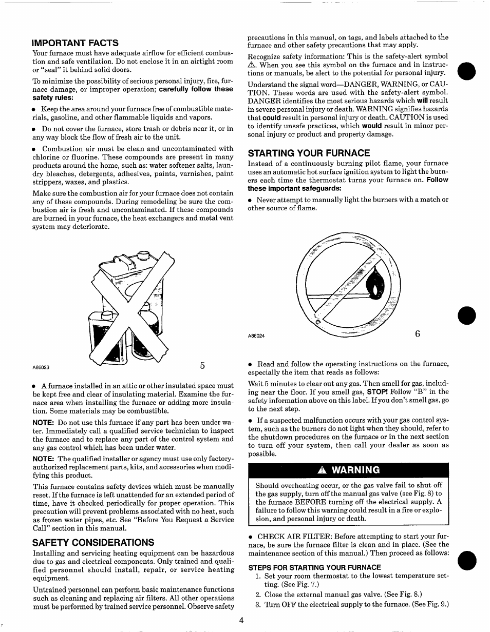 Important facts, Safety considerations, Starting your furnace | A warning | Carrier 58ZAV User Manual | Page 4 / 10