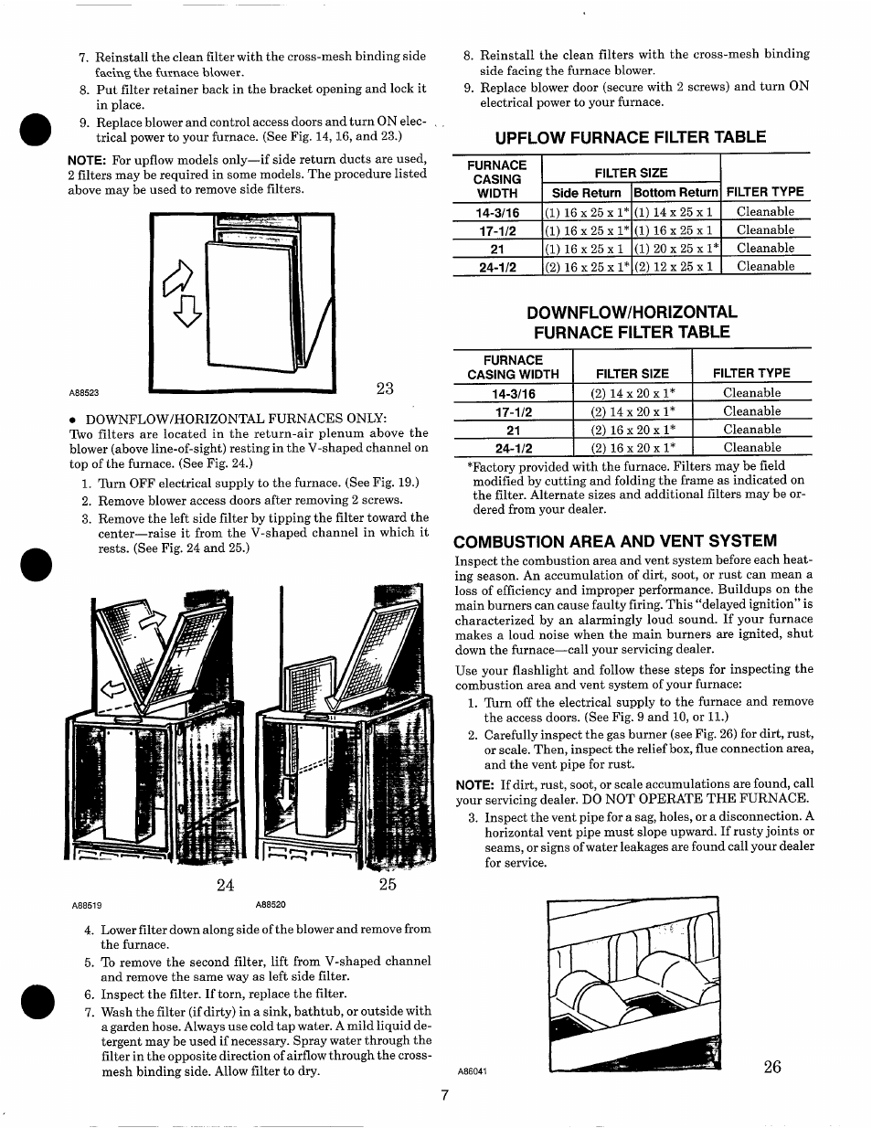 Upflow furnace filter table, Downflow/horizontal furnace filter table, Combustion area and vent system | Carrier 58ZAV User Manual | Page 7 / 10