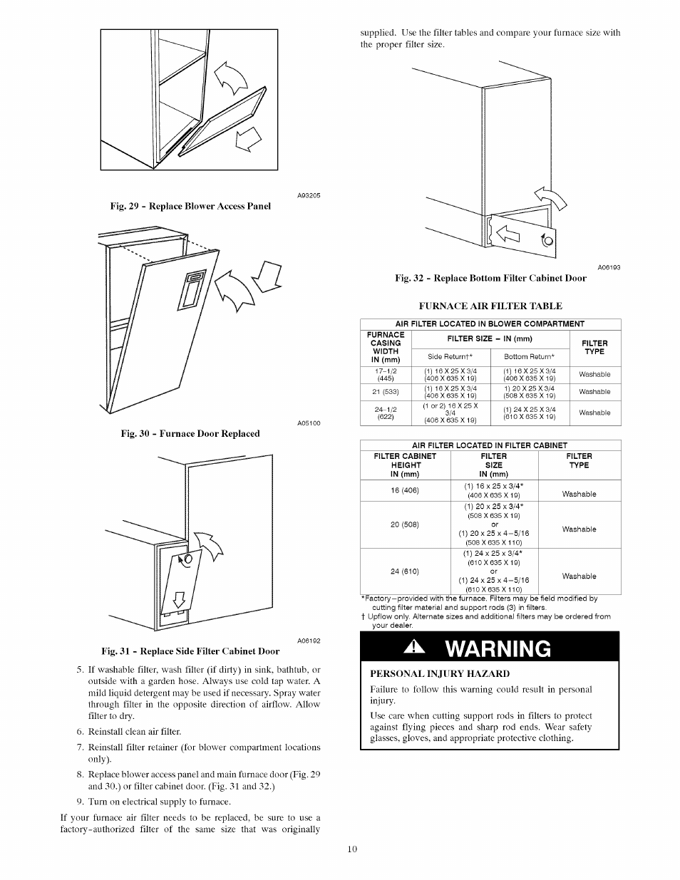 Warning, Furnace air filter table, Personal injury hazard | Carrier INFINITY ICS 58MVC User Manual | Page 10 / 14