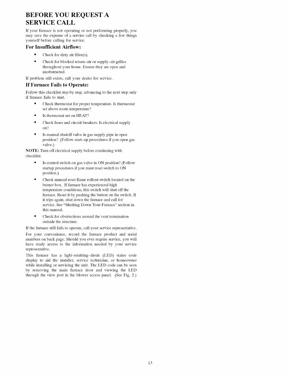 Before you request a service call, Before you reouest a service call | Carrier INFINITY ICS 58MVC User Manual | Page 13 / 14