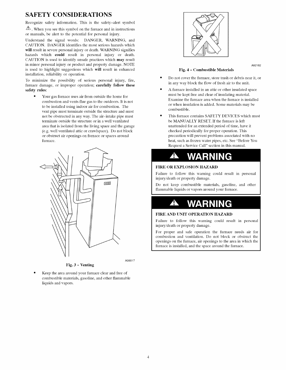 Safety considerations, Warning | Carrier INFINITY ICS 58MVC User Manual | Page 4 / 14