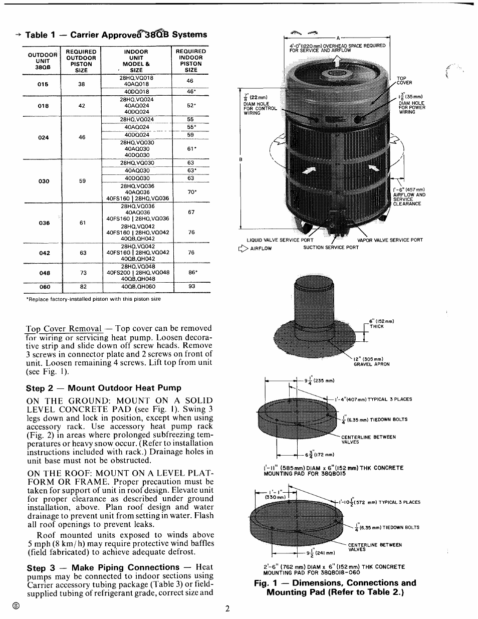 Table 1 — carrier approve^^6^ systems, Step 2 — mount outdoor heat pump, Step 3 — make piping connections | Carrier 38QB User Manual | Page 2 / 20