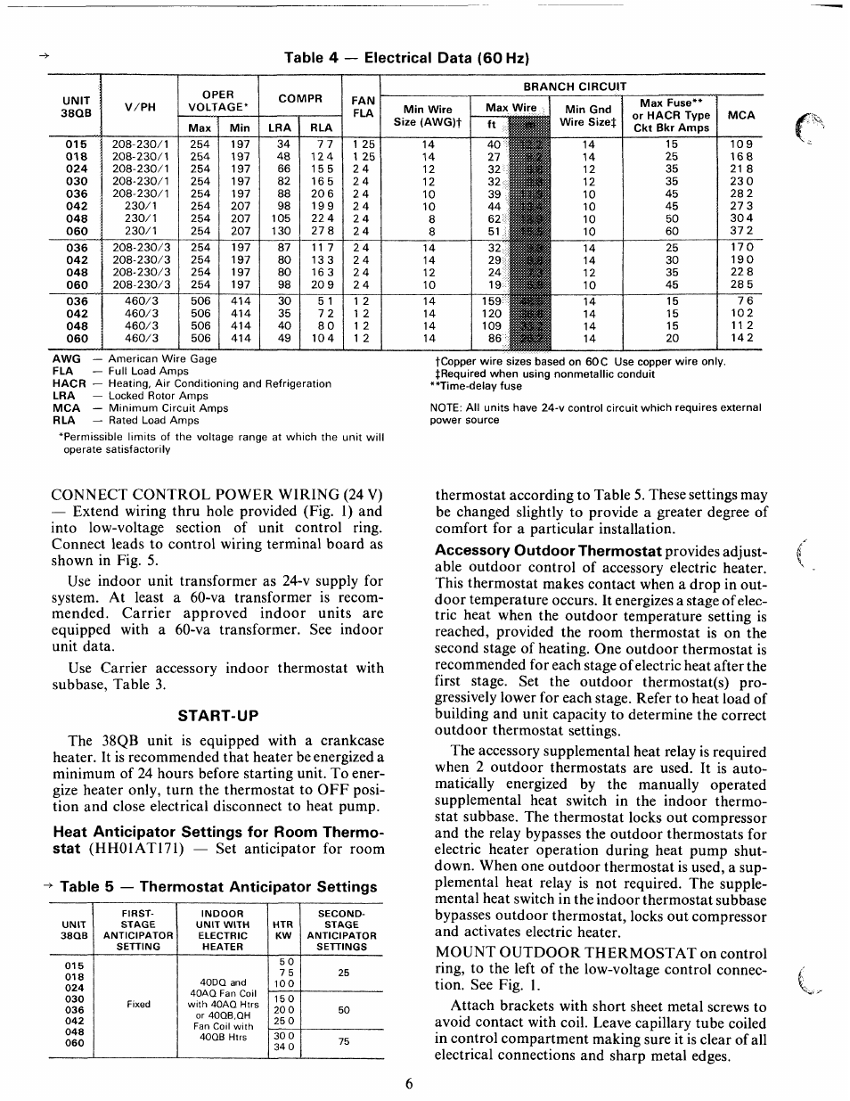 M 10, Hh0iat171) — set anticipator for room, Table 4 — electrical data (60 hz) | Carrier 38QB User Manual | Page 6 / 20