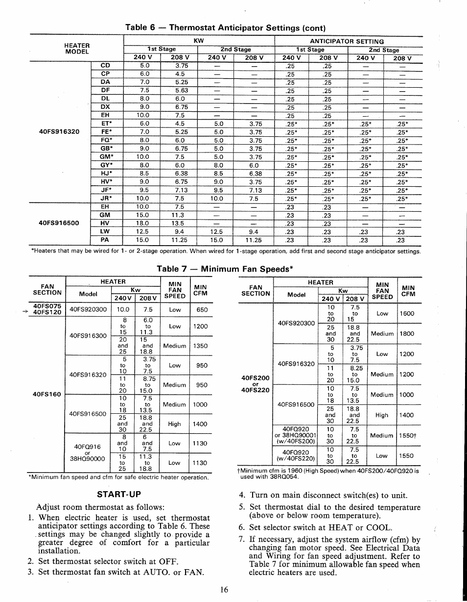 Table 7 — minimum fan speeds, Start-up, Table 6 — thermostat anticipator settings (cont) | Carrier 40FS User Manual | Page 16 / 18