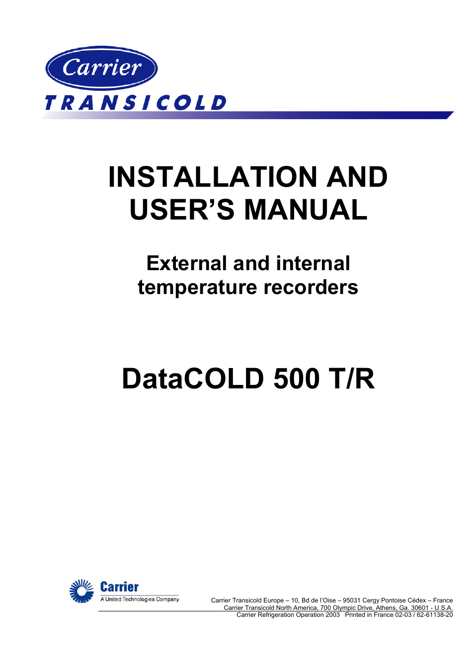Carrier DATACOLD 500 T/R User Manual | 30 pages