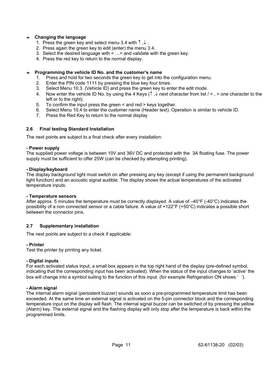 Final testing standard installation, Supplementary installation, 7 supplementary installation | Carrier DATACOLD 500 T/R User Manual | Page 11 / 30