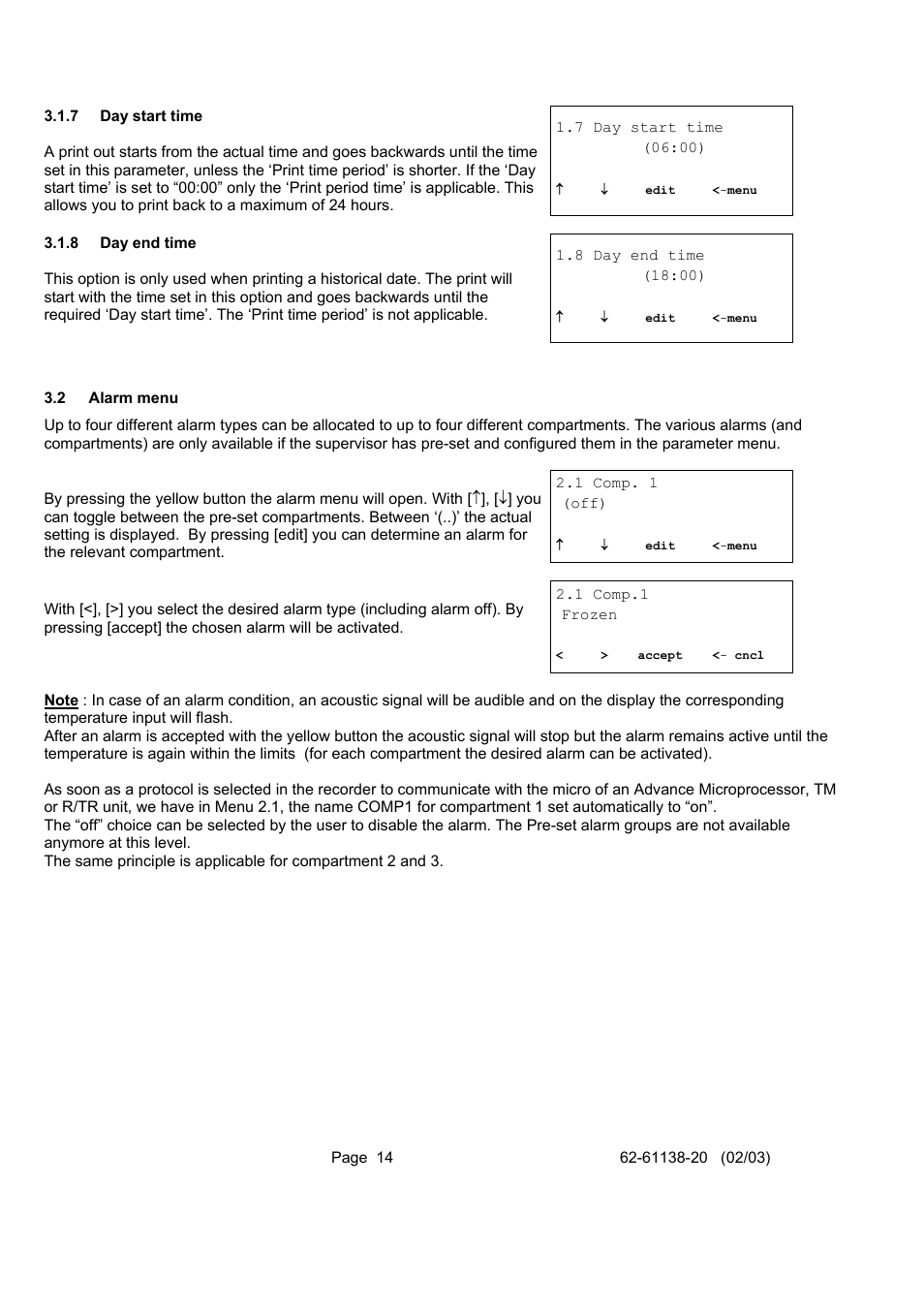 Alarm menu, 2 alarm menu | Carrier DATACOLD 500 T/R User Manual | Page 14 / 30