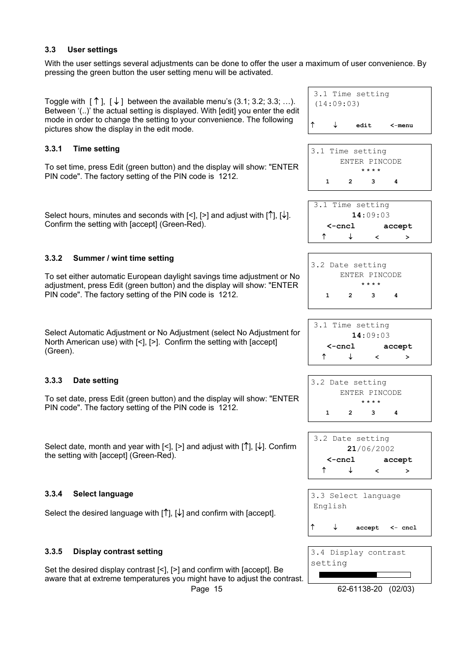 User settings, 3 user, Settings | Carrier DATACOLD 500 T/R User Manual | Page 15 / 30