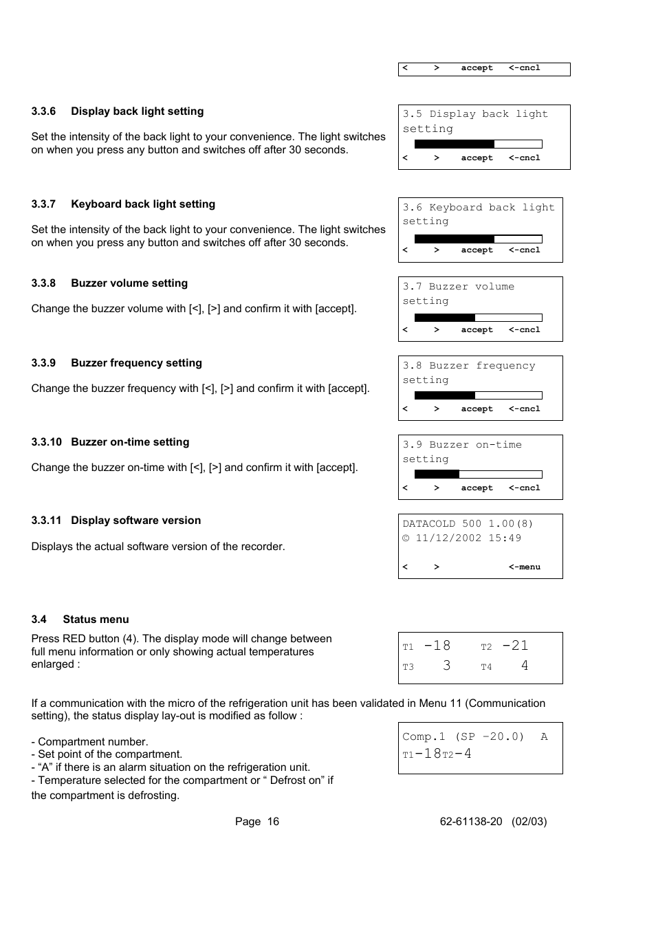 Status menu, 4 status menu | Carrier DATACOLD 500 T/R User Manual | Page 16 / 30