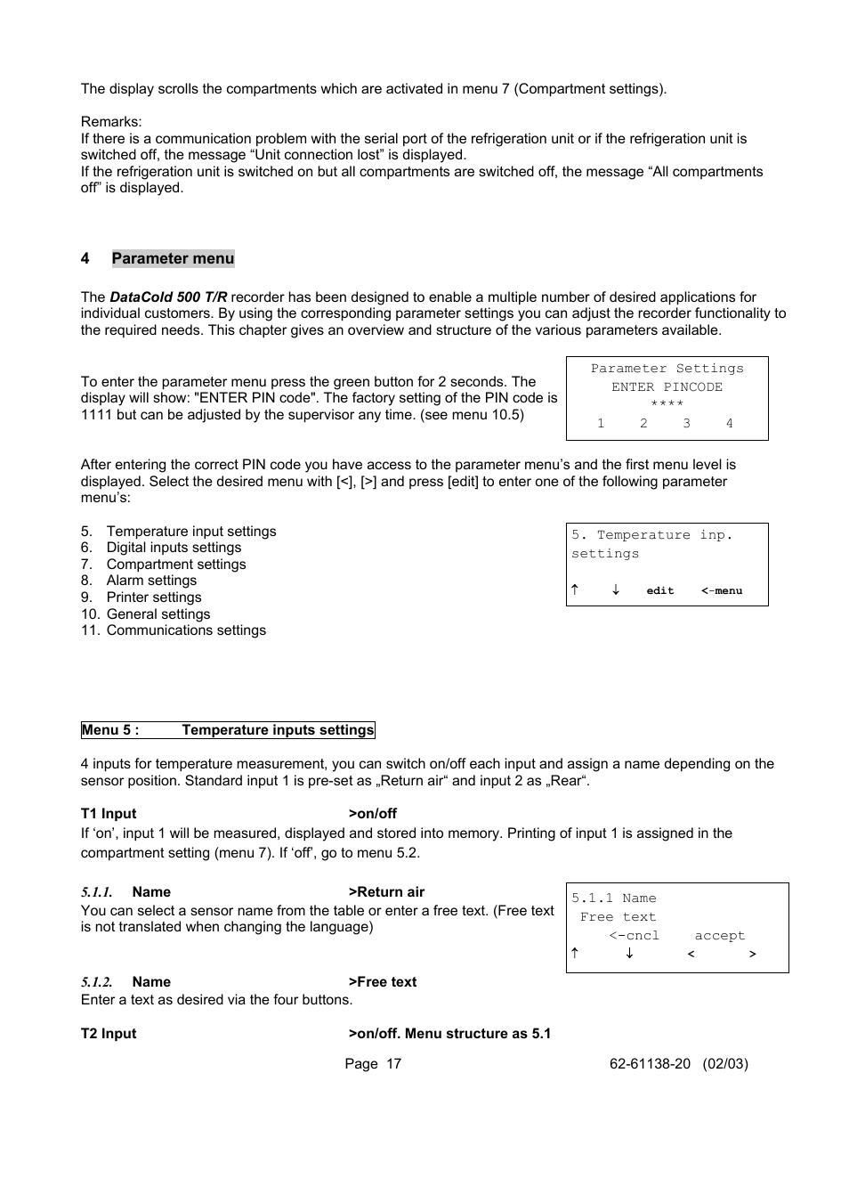 Parameter menu, 4 parameter menu, Menu 5 | Temperature inputs settings | Carrier DATACOLD 500 T/R User Manual | Page 17 / 30