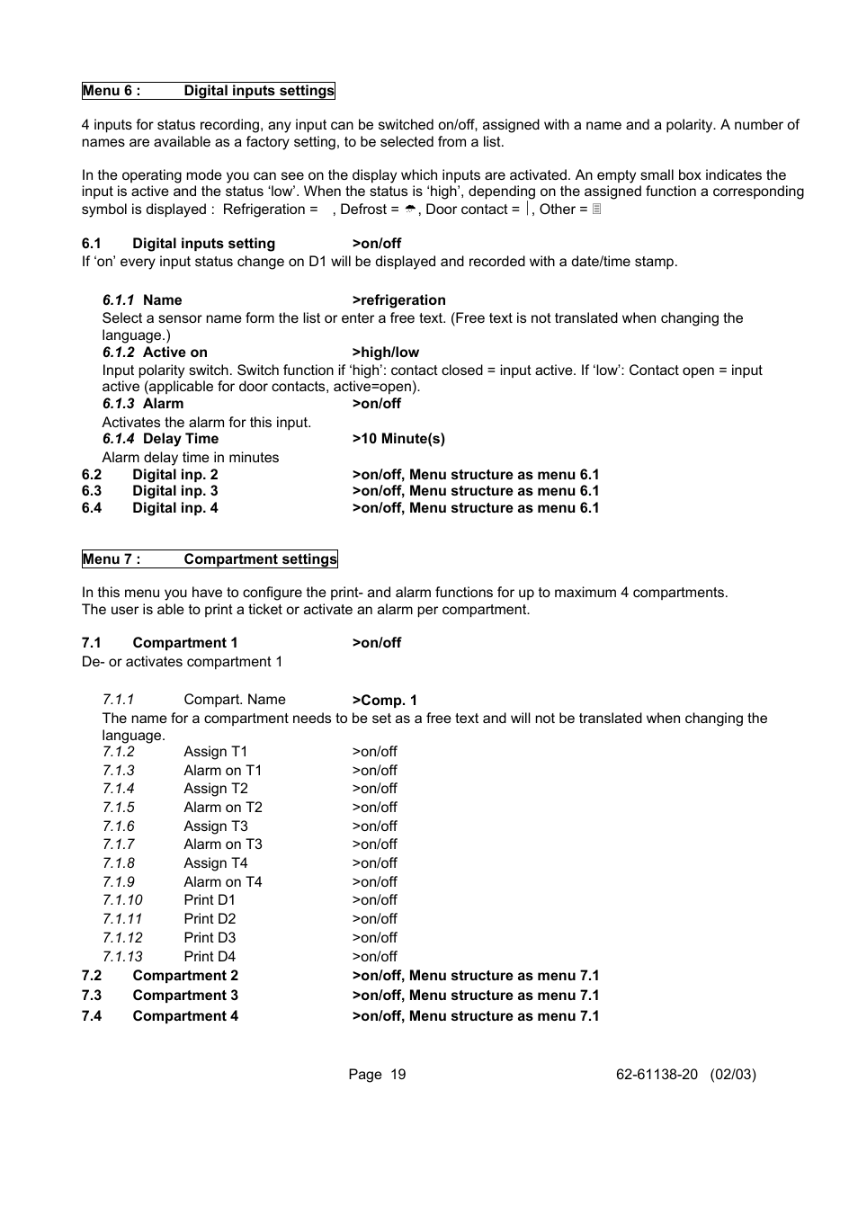 Menu 6, Digital inputs settings, Menu 7 | Compartment settings | Carrier DATACOLD 500 T/R User Manual | Page 19 / 30