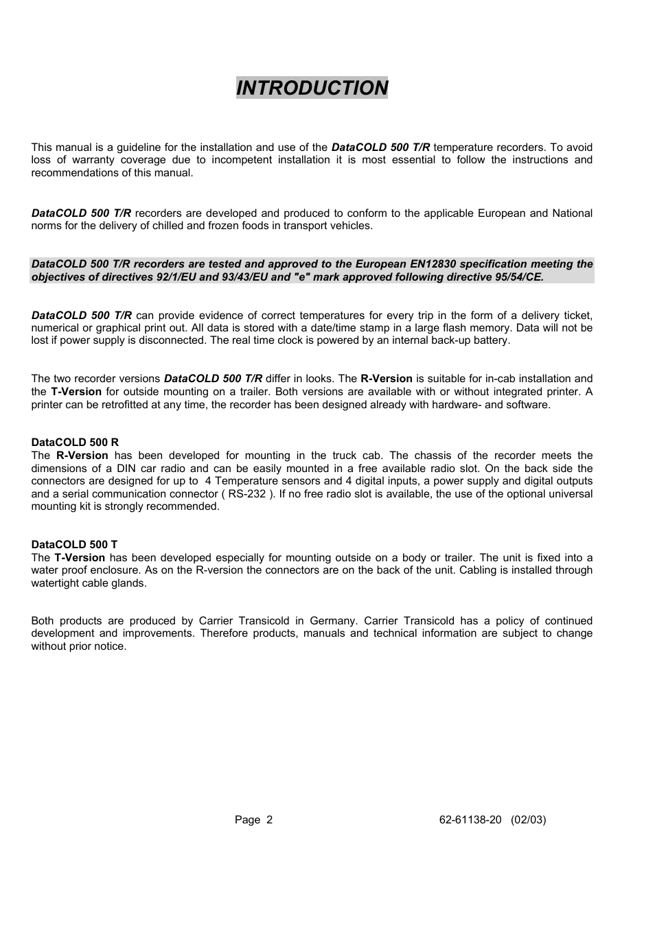 Introduction | Carrier DATACOLD 500 T/R User Manual | Page 2 / 30