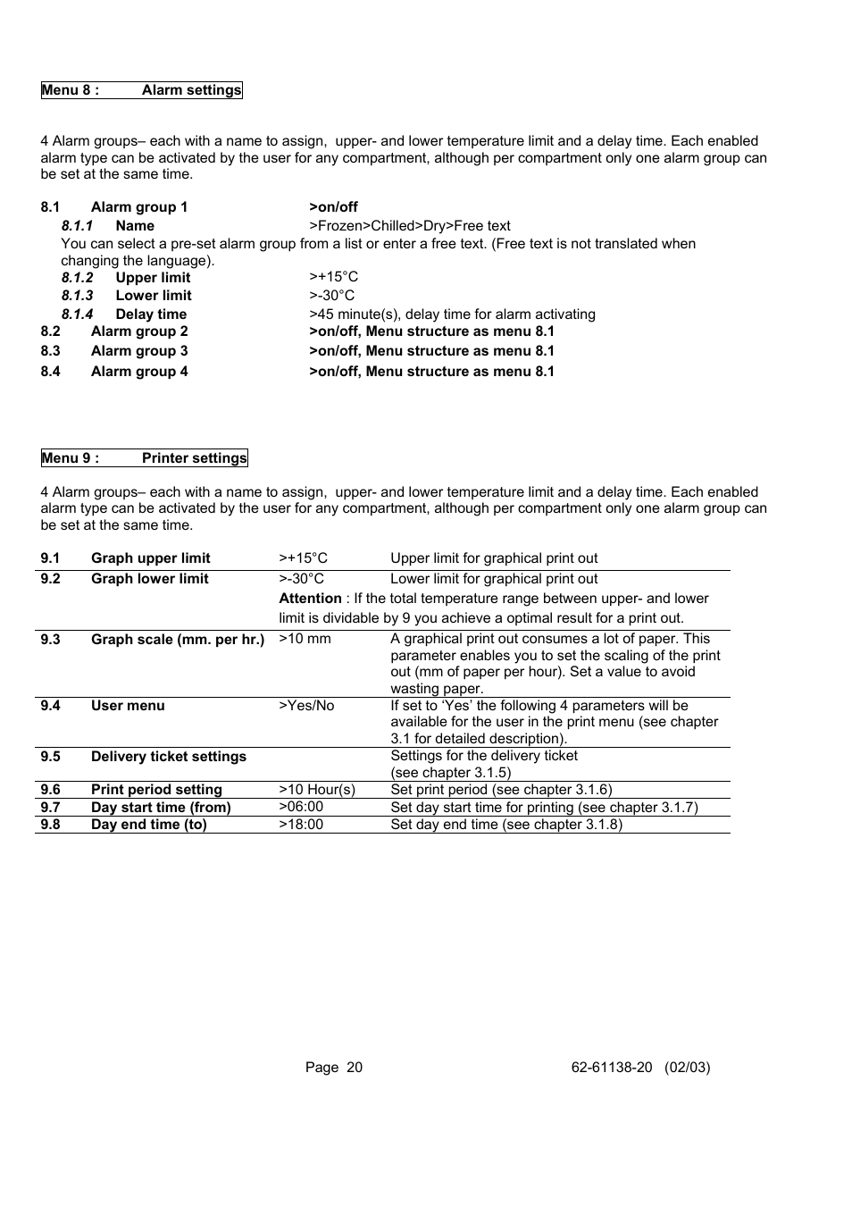 Menu 8, Alarm settings, Menu 9 | Printer settings | Carrier DATACOLD 500 T/R User Manual | Page 20 / 30