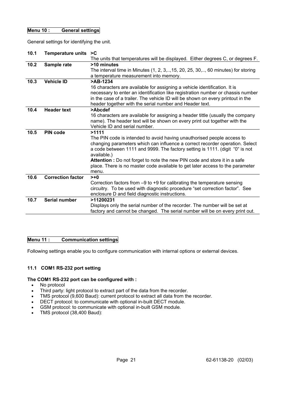 Menu 10, General settings, Menu 11 | Communication settings | Carrier DATACOLD 500 T/R User Manual | Page 21 / 30