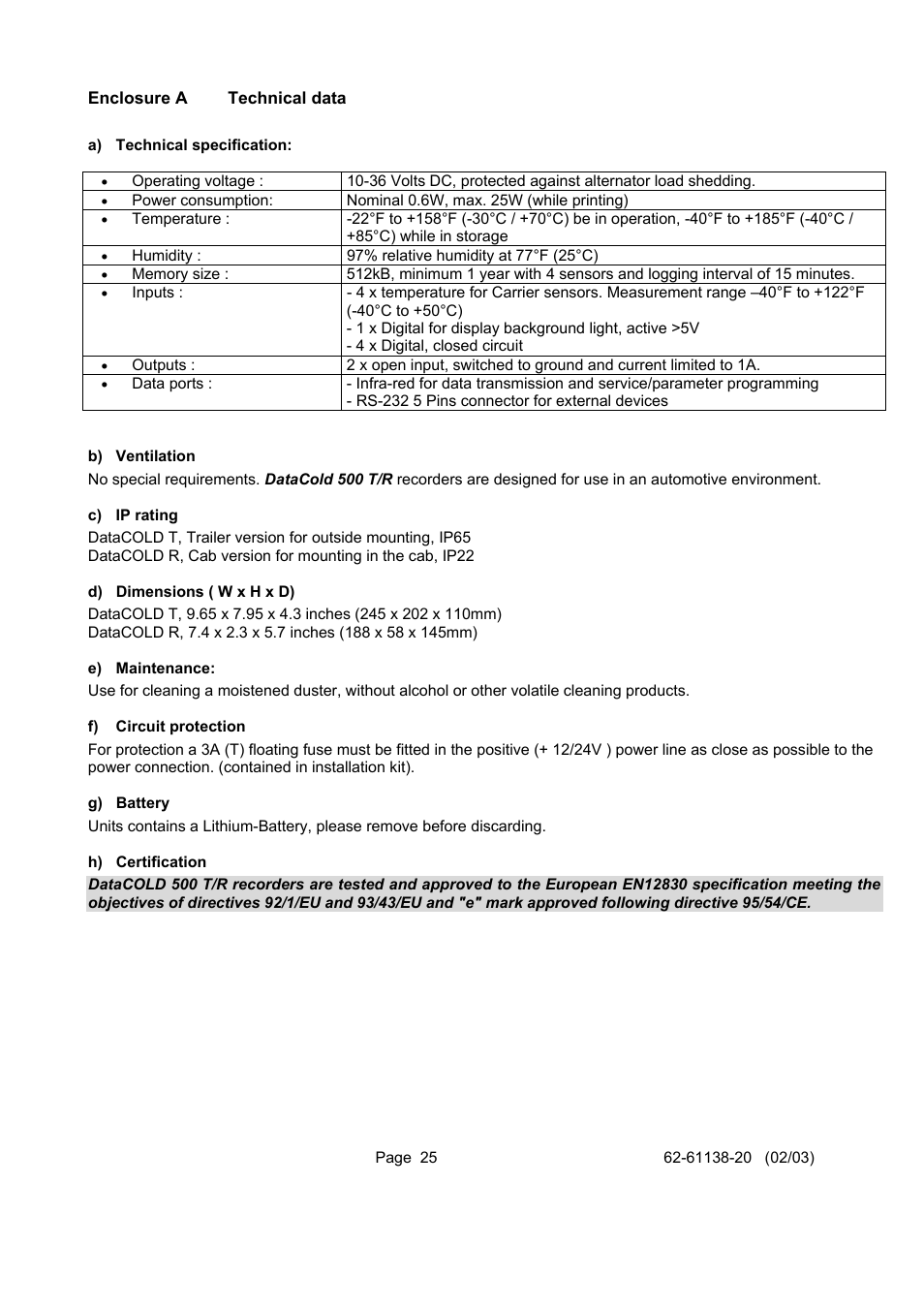 Technical data, Enclosure a technical data | Carrier DATACOLD 500 T/R User Manual | Page 25 / 30