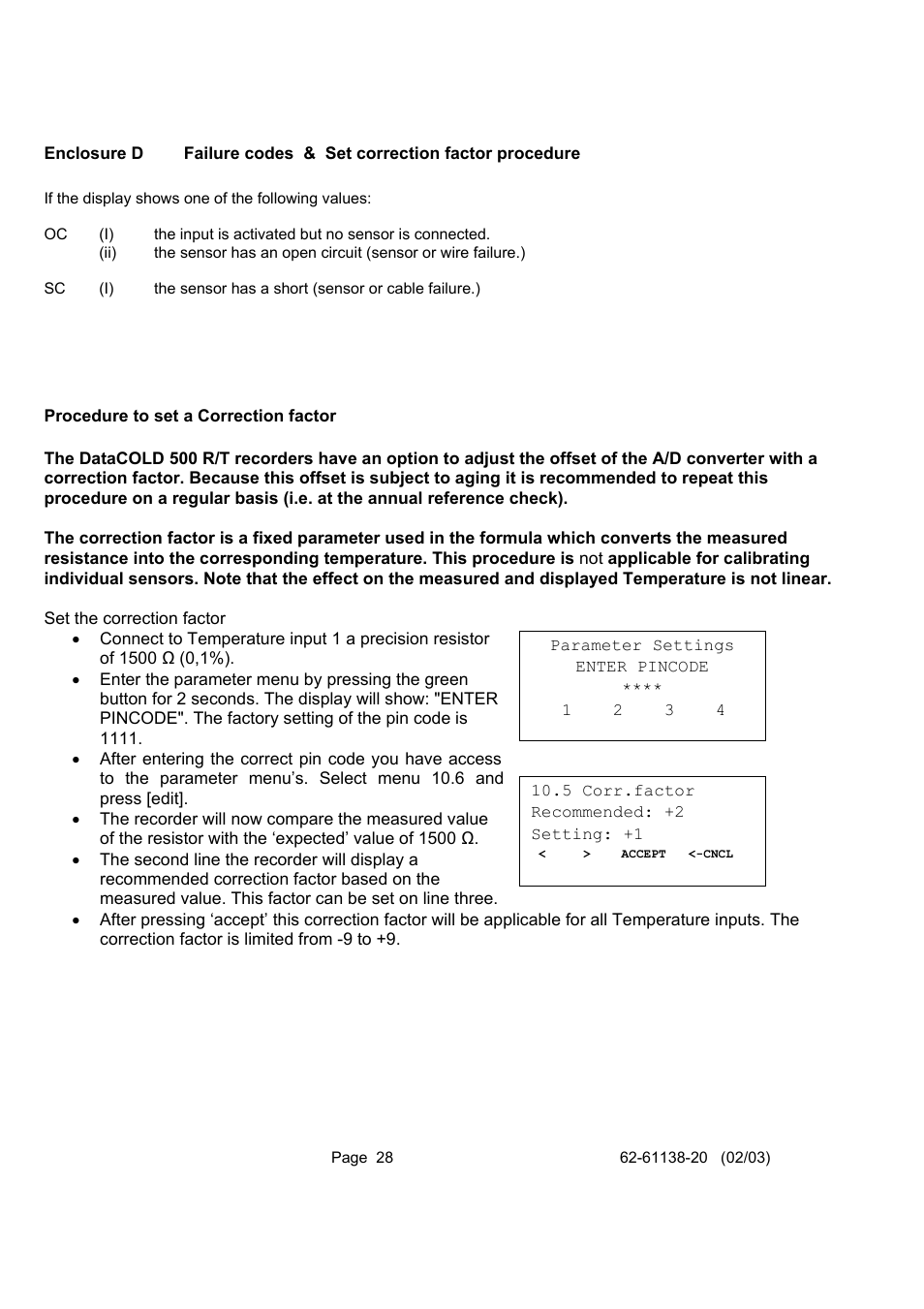 Failure codes & set correction factor procedure, Procedure to set a correction factor, Enclosure d failure codes | Carrier DATACOLD 500 T/R User Manual | Page 28 / 30