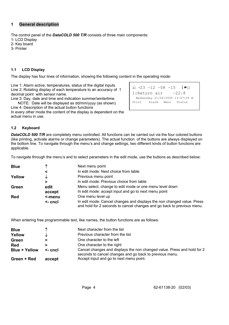 General description, Lcd display, Keyboard | 1 general, Description, 1 lcd, Display, 2 keyboard | Carrier DATACOLD 500 T/R User Manual | Page 4 / 30