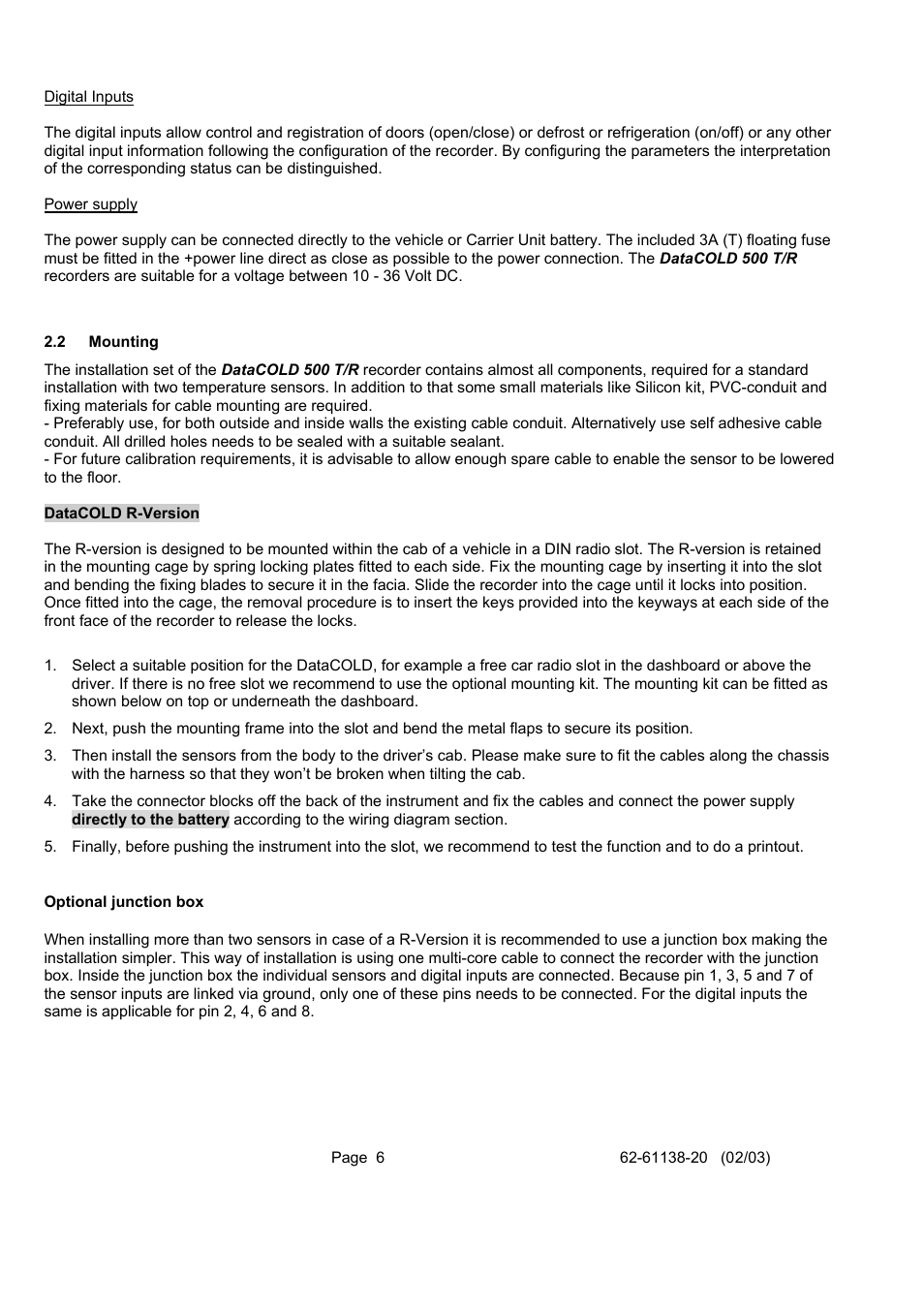 Mounting, 2 mounting | Carrier DATACOLD 500 T/R User Manual | Page 6 / 30