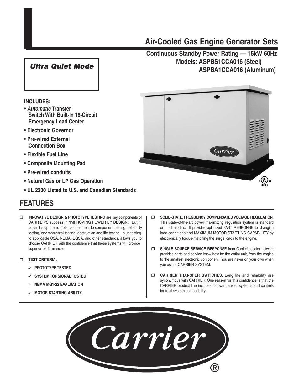Carrier HOME STANDBY ASPBS1CCA016 User Manual | 4 pages