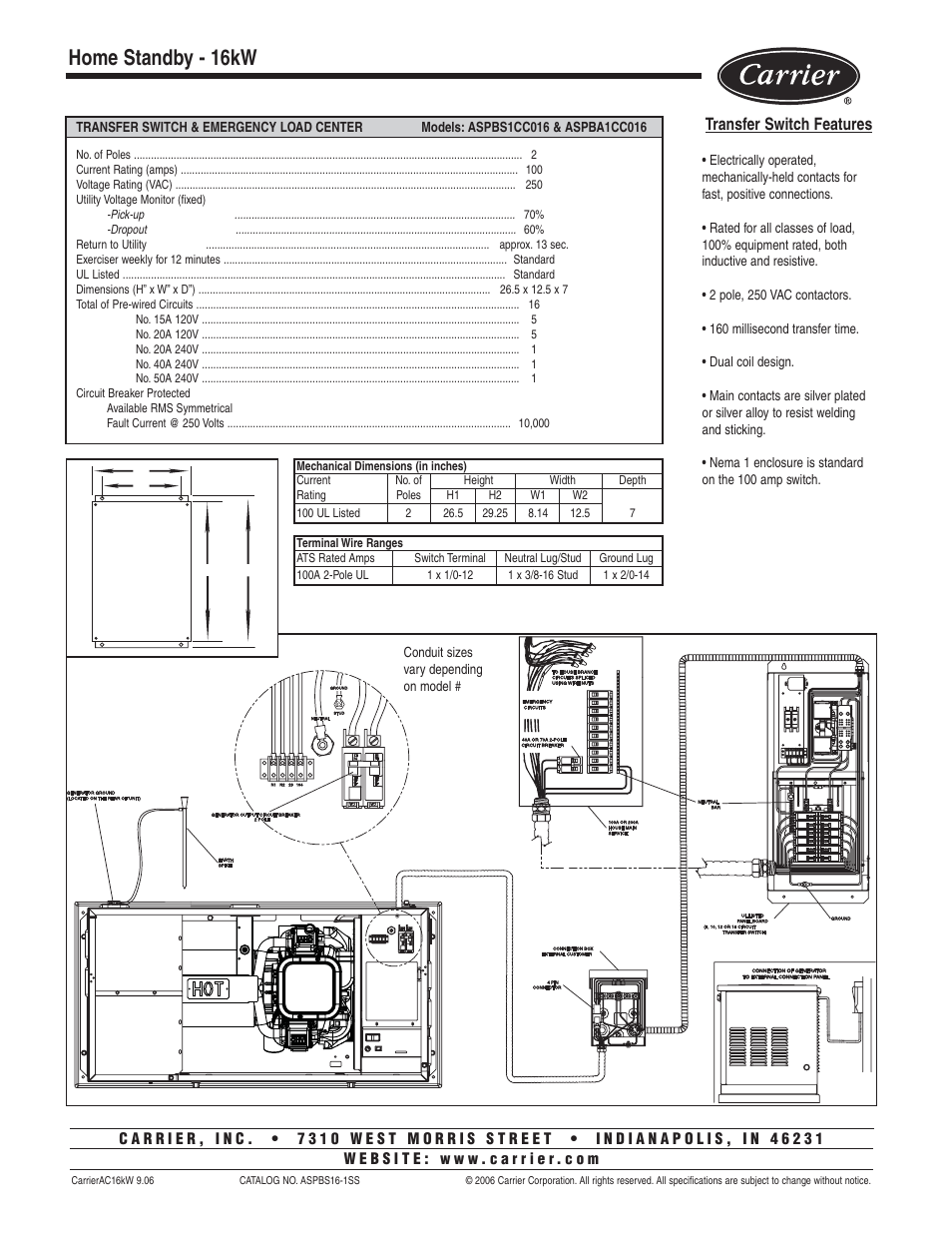 Home standby - 16kw, Transfer switch features | Carrier HOME STANDBY ASPBS1CCA016 User Manual | Page 4 / 4