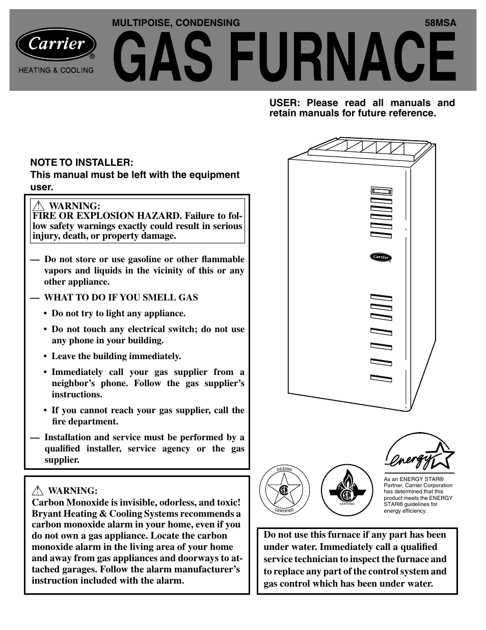 Carrier Gas 58MSA User Manual | 12 pages