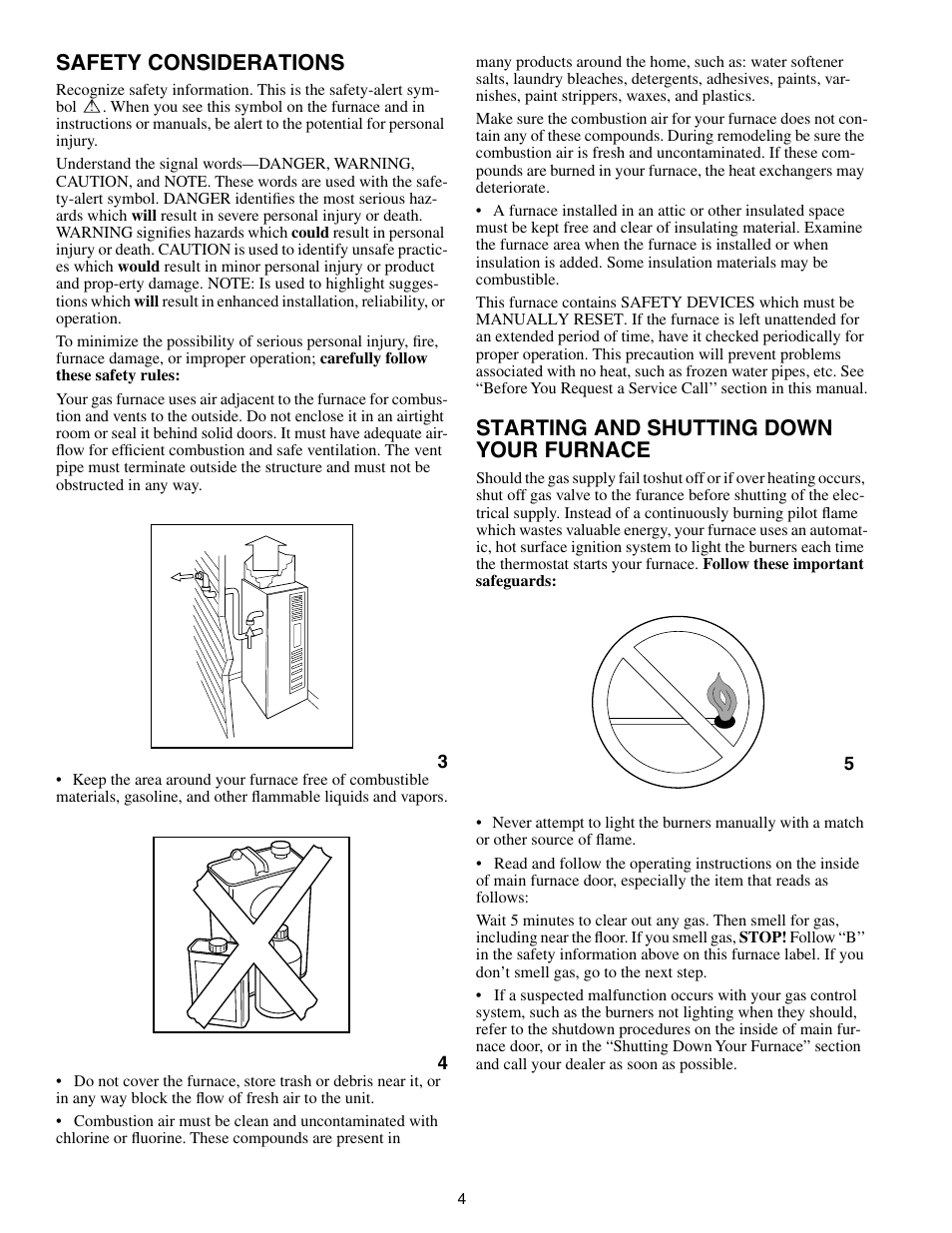 Safety considerations, Starting and shutting down your furnace | Carrier Gas 58MSA User Manual | Page 4 / 12